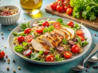 Healthy Grilled Chicken Quinoa Salad with Cherry Tomatoes & Mixed Greens - Nutritious Meal