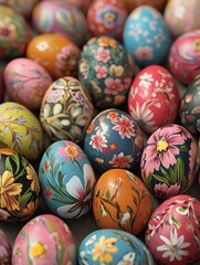 Up Close and Personal with Beautifully Painted Easter Eggs in Floral Motifs - Generative Ai