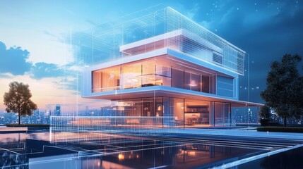 Obraz premium A futuristic building project plan showcasing a modern house blueprint and an advanced 3D model, enhanced by generative AI.