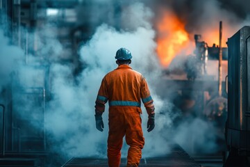 Fototapeta premium Male engineer in safety gear observing industrial factory with smoke and fire