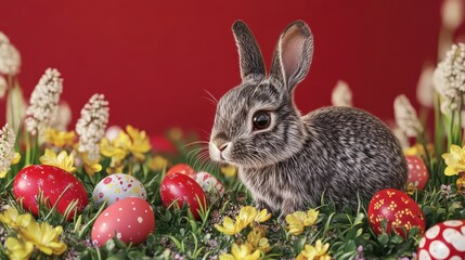A red easter announcement or advertising banner with an easter rabbit, easter eggs and spring flowers. Generative AI.