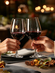 Obraz premium Elegant dining with hands toasting with red wine, festive decorations adding a cozy vibe