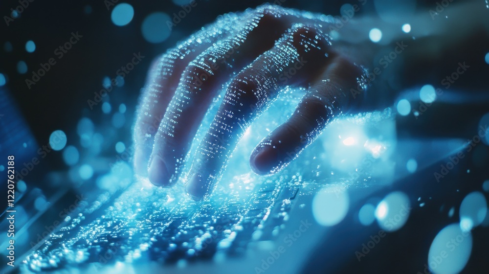 Poster close up of hand using laptop at desktop with abstract glowing blue coding background. binary code, 