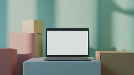 Online ecommerce store mockup, dropshipping business website concept. Table with laptop computer mock up blank white screen, shipping boxes, retail marketplace, warehouse delivery background, banner.