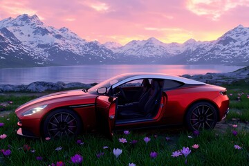 Fototapeta premium Sports car - power and prestige Extreme power and unique design. This sports car is synonymous with luxury and prestige. Engine, speed, performance.
