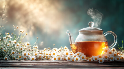 Glass teapot with steaming chamomile tea surrounded by fresh chamomile flowers on a rustic wooden table in soft natural sunlight