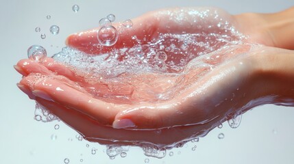 Fototapeta premium Close-up of hands cupping water droplets, showcasing fluid motion and clarity, with bubbles
