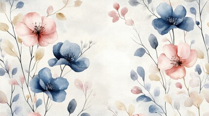 Watercolor art background vector. Wallpaper design with winter flower paint brush line art. Earth tone blue, pink, ivory, beige watercolor Illustration for prints, wall art, cover and invitation.