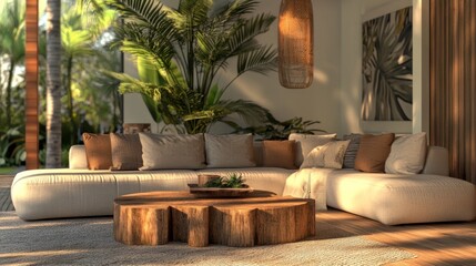 A modern neutral living room design featuring a cozy modular sofa, wooden coffee tables, stylish tropical plants, and textured pillows.