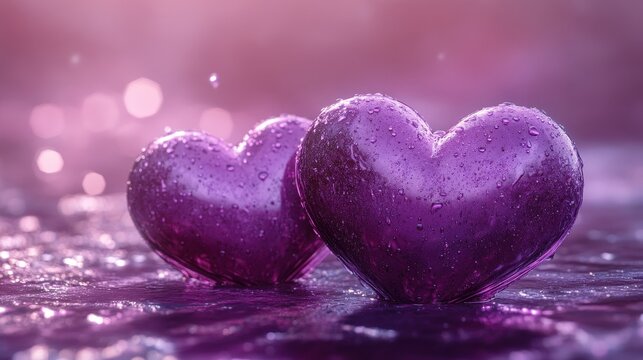 Two purple hearts with water droplets for valentine's day romance