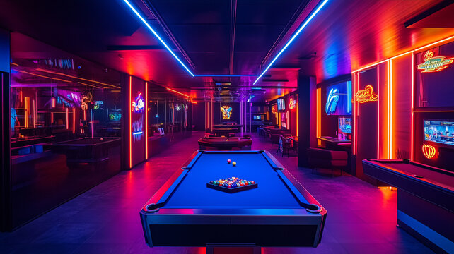 Vibrant Neon Game Room Interior with Pool Table