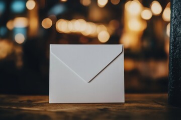White envelope on wooden table with blurred warm lights in background