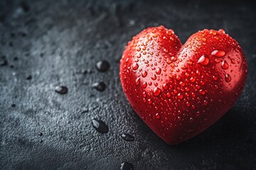 Fototapeta premium Wet red heart-shaped object with water droplets on dark surface