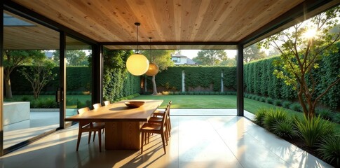 Naklejka premium Expansive glass-walled dining area opens to manicured garden, showcasing modern home , patio, elegant