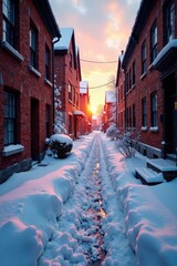 Fototapeta premium Deep snow drifts line a brick alley, muted sunrise, graphic, urban