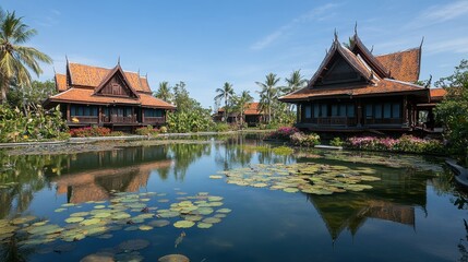Fototapeta premium Traditional Thai house surrounded by vibrant flowers and a clear pond, creating a peaceful atmosphere