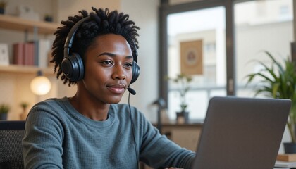 Mixed-race African American adult student wearing headphones, participating in an online class from home. 