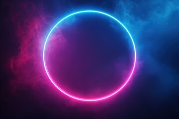 Fototapeta premium A vibrant neon circle emits smoke against a dark, moody background