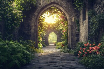 Fototapeta premium Enchanted garden pathway with stone arches surrounded by lush greenery and flowers