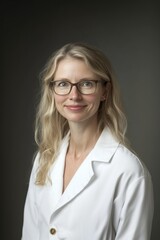 Obraz premium Caucasian female adult doctor with blonde hair and glasses in white coat