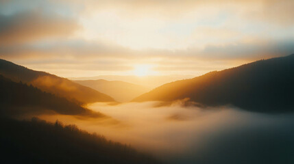 Serene Sunrise Over Misty Mountains with Soft Light and Tranquil Landscape Views