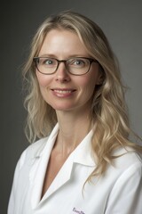 Obraz premium Caucasian female adult in glasses with blonde hair wearing white coat, smiling
