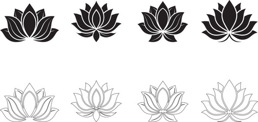 Vector black lotus icons set on white background. Lotus plant. Lotus flower and outline vector