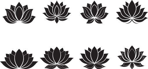 Vector black lotus icons set on white background. Lotus plant. Lotus flower