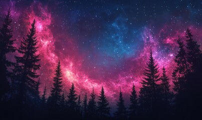 Fototapeta premium A beautiful galaxy shines in the night sky with tall trees in the foreground
