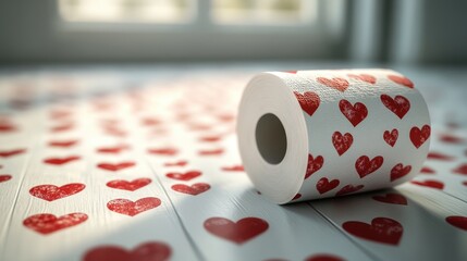 Valentine's day themed toilet paper with red hearts for romantic bathroom decor