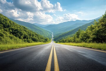 Fototapeta premium A road winds through a scenic valley with majestic mountains