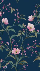 Purple flowers and green leaves pattern illustration poster background