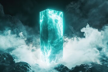 A surreal floating monolith glowing in bright cyan surrounded by electric-white mist in a vast void