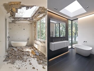 A picture shows a bathrooms transformation before and after remodeling