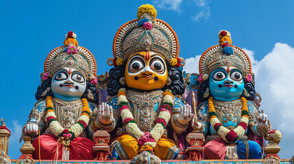Shree Jagannath Festival, statues of deities Jagannath, Balabhadra, and Subhadra placed on a beautifully decorated chariot, background of blue sky. AI generated images.	