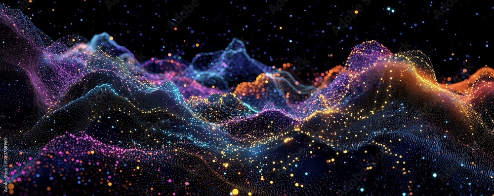 Poster an abstract digital data visualization of colorful lines and glowing dots forming the shape of mount