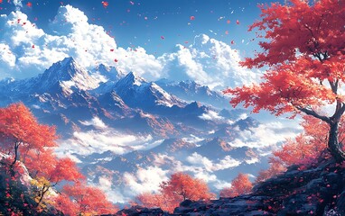Pink Maple Trees Hillside Autumn Vista Artwork