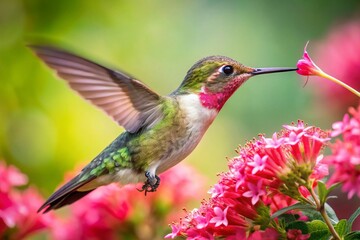 Fototapeta premium Hummingbird Feeding on Pink Flowers - Vibrant Nature Stock Photo