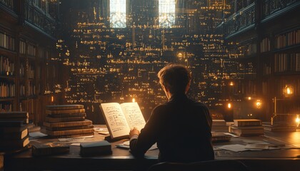 Physics genius working through equations, notebook surrounded by floating formulas, library with rich architecture, quiet concentration, golden light, ultradetailed 8K render