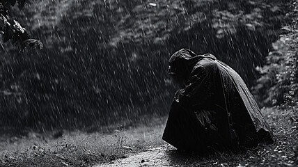 solitary figure huddled under tarp in rain, expressing sadness