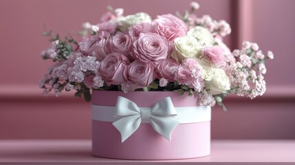 Elegant floral arrangement in pink hatbox with white ribbon for special occasions