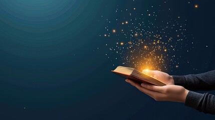 A person holds an open book, from which golden sparkles emanate, symbolizing creativity, knowledge, and magic.