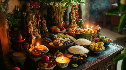 Ancestor veneration ritual with offering table full of traditional foods such as fruits, fish, and rice, candles burning on the altar. AI generated images.	
