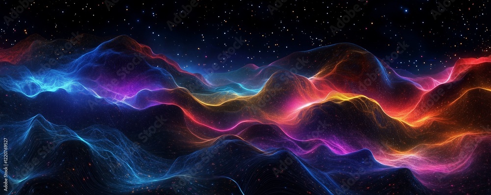 Poster an abstract digital data visualization of colorful lines and glowing dots forming the shape of mount