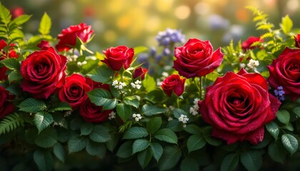 Obraz premium Lush Red Roses in a Sunlit Garden: A Romantic Floral Display