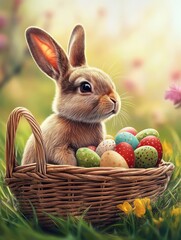 Background of an Easter bunny in a basket full of easter eggs. Happy easter