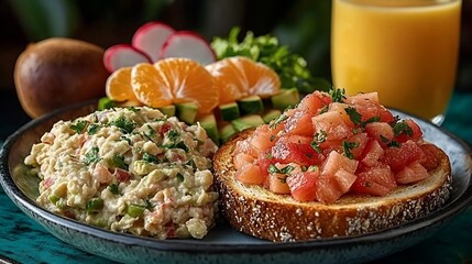 Delicious brunch plate with avocado toast, tomato bruschetta, and fresh fruit.