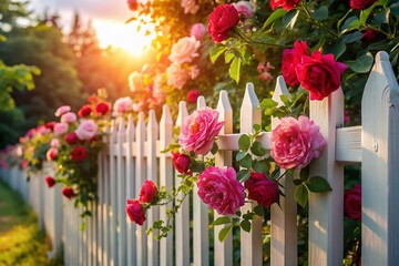 Fototapeta premium Idyllic White Picket Fence with Blooming Roses - Classic Garden Scene
