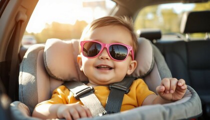 Baby enjoys a sunny day in a car seat while wearing bright pink sunglasses and smiling cheerfully