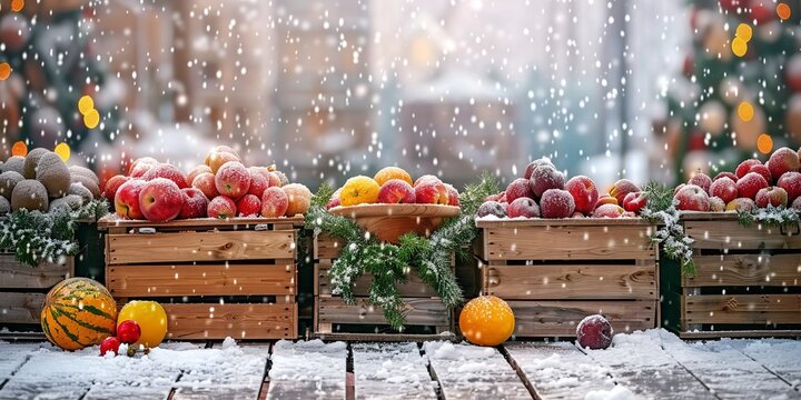Close-up of an agricultural market booth featuring wooden boxes and fresh winter produce with ample space for backdrop or textual content, Generative AI.